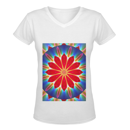 Blue Ice Flowers Red Abstract Modern Petals Zen Women's Deep V-neck T-shirt (Model T19)