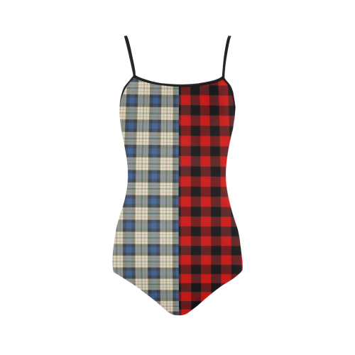 Classic Tartan Squares Fabric - blue beige + Lumberjack pattern Strap Swimsuit ( Model S05)