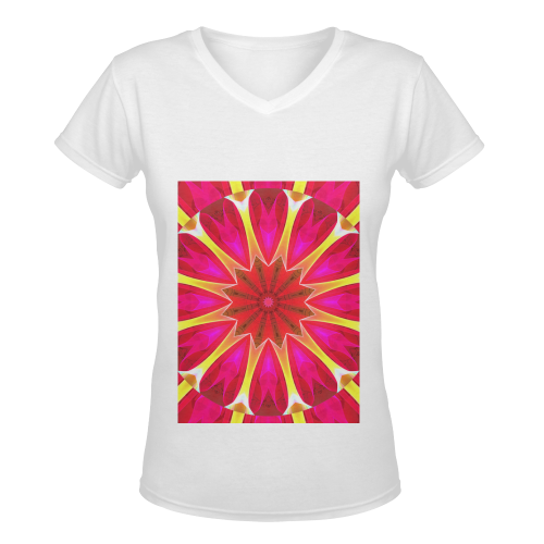 Cherry Daffodil Abstract Modern Pink Flowers Zen Women's Deep V-neck T-shirt (Model T19)
