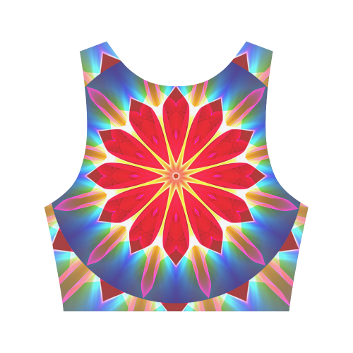 Blue Ice Flowers Red Abstract Modern Petals Zen Women's Crop Top (Model T42)