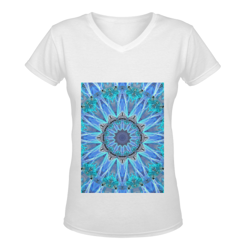 Sapphire Ice Flame, Cyan Blue Crystal Wheel Women's Deep V-neck T-shirt (Model T19)