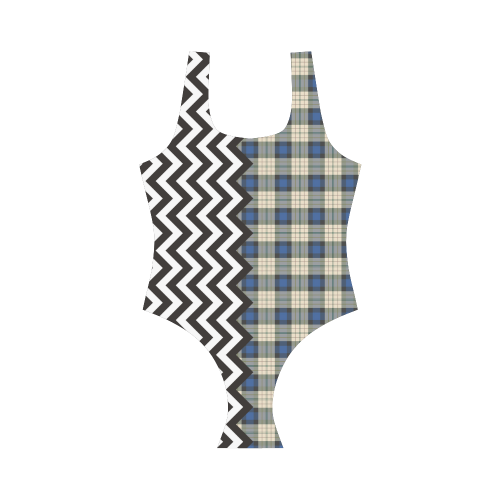 HIPSTER zigzag chevron pattern black & white + Tartan Pattern Vest One Piece Swimsuit (Model S04)