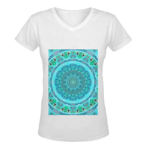 Teal Cyan Ocean Abstract Modern Lace Lattice Women's Deep V-neck T-shirt (Model T19)
