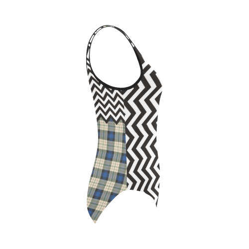 HIPSTER zigzag chevron pattern black & white + Tartan Pattern Vest One Piece Swimsuit (Model S04)