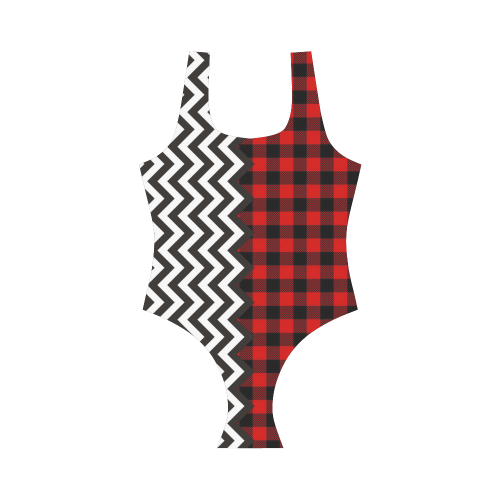 HIPSTER zigzag chevron pattern black & white + Lumberjack pattern Vest One Piece Swimsuit (Model S04)