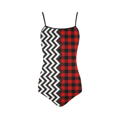 HIPSTER zigzag chevron pattern black & white + lumberjack pattern Strap Swimsuit ( Model S05)