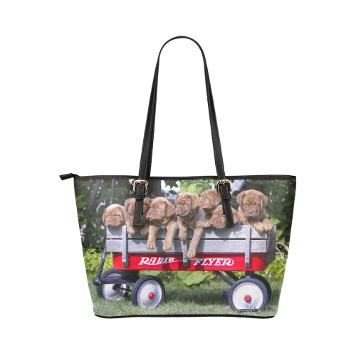 Dogue de Bordeaux puppies ready to roll! Leather Tote Bag/Small (Model 1651)