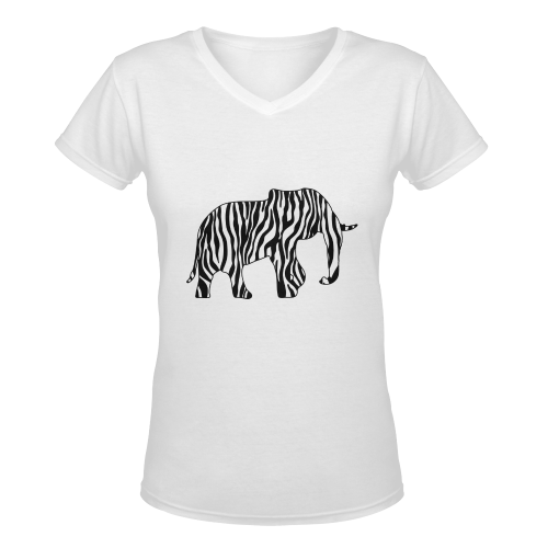 ZEBRAPHANT Elephant with Zebra Stripes black white Women's Deep V-neck T-shirt (Model T19)