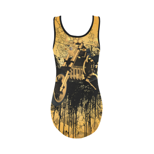 Steampunk, awesome motorcycle with floral elements Vest One Piece Swimsuit (Model S04)