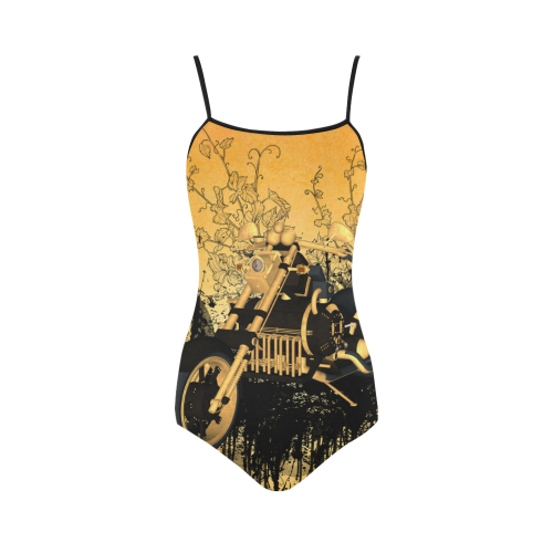 Steampunk, awesome motorcycle with floral elements Strap Swimsuit ( Model S05)