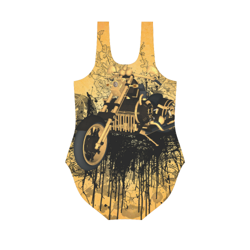 Steampunk, awesome motorcycle with floral elements Vest One Piece Swimsuit (Model S04)