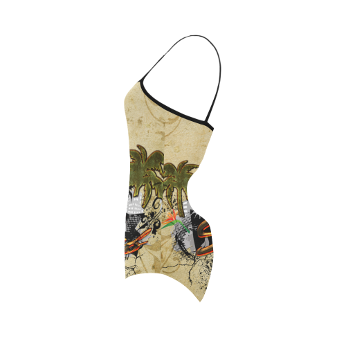 Surfing, surfdesign with surfboard and palm Strap Swimsuit ( Model S05)