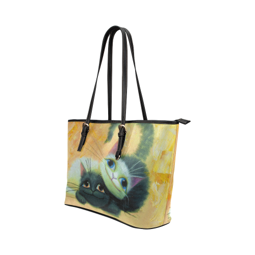 cat play Leather Tote Bag/Small (Model 1651)