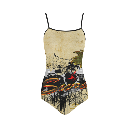 Surfing, surfdesign with surfboard and palm Strap Swimsuit ( Model S05)