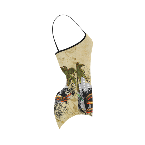 Surfing, surfdesign with surfboard and palm Strap Swimsuit ( Model S05)
