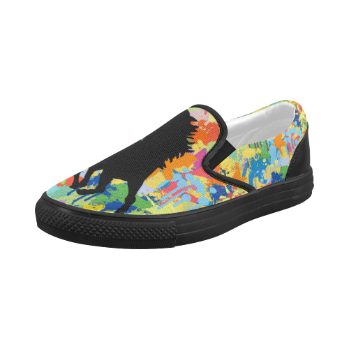 Horse Black Shape Colorful Splash Design Women's Slip-on Canvas Shoes (Model 019)