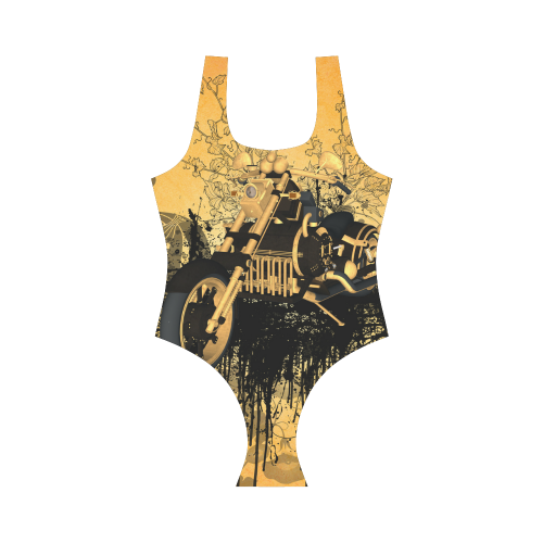 Steampunk, awesome motorcycle with floral elements Vest One Piece Swimsuit (Model S04)