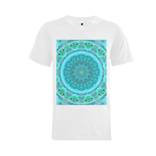 Teal Cyan Ocean Abstract Modern Lace Lattice Men's V-Neck T-shirt (USA Size) (Model T10)