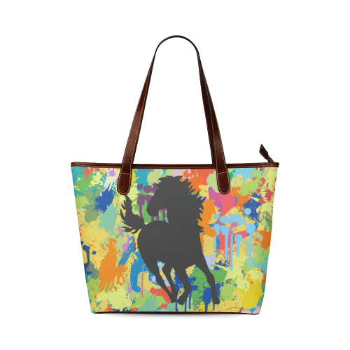 Horse Black Shape Colorful Splash Shoulder Tote Bag (Model 1646)