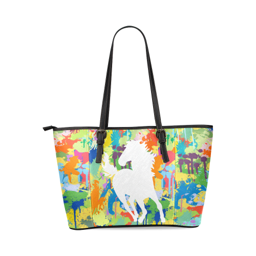 Horse White Shape Colorful Splash Leather Tote Bag/Small (Model 1640)