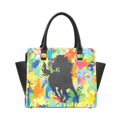 Horse Black Shape Colorful Splash Rivet Shoulder Handbag (Model 1645)