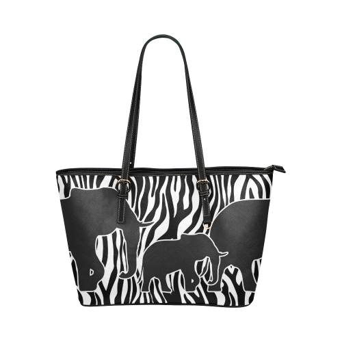 ELEPHANTS to ZEBRA stripes black & white Leather Tote Bag/Small (Model 1651)