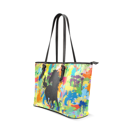 Horse Black Shape Colorful Splash Leather Tote Bag/Small (Model 1640)