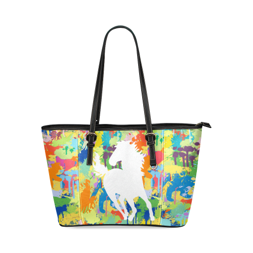 Horse White Shape Colorful Splash Leather Tote Bag/Small (Model 1640)