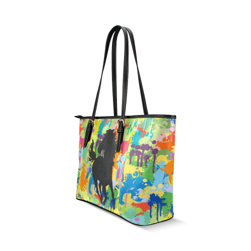 Horse Black Shape Colorful Splash Leather Tote Bag/Small (Model 1640)