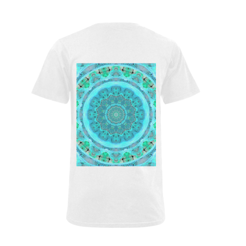 Teal Cyan Ocean Abstract Modern Lace Lattice Men's V-Neck T-shirt (USA Size) (Model T10)