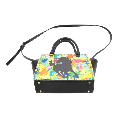 Horse Black Shape Colorful Splash Rivet Shoulder Handbag (Model 1645)