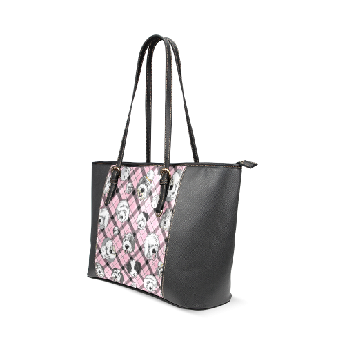 Oes Faces Pink Plaid on black Leather Tote Bag/Small (Model 1640)