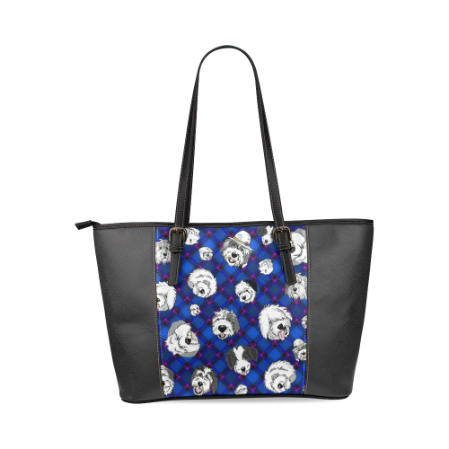 Blue plaid sheepies on black Leather Tote Bag/Small (Model 1640)