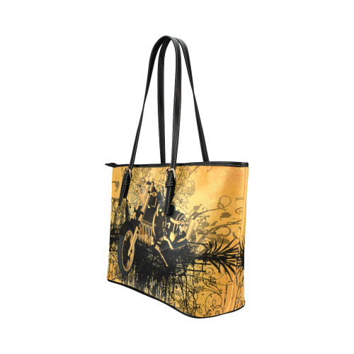 Steampunk, awesome motorcycle with floral elements Leather Tote Bag/Large (Model 1651)