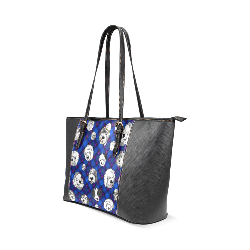Blue plaid sheepies on black Leather Tote Bag/Small (Model 1640)