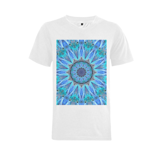 Sapphire Ice Flame, Cyan Blue Crystal Wheel Men's V-Neck T-shirt (USA Size) (Model T10)