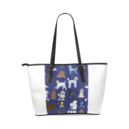 poodles navy on white Leather Tote Bag/Small (Model 1640)