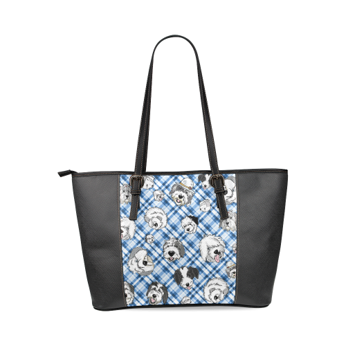 llight blue plaid sheepies on black Leather Tote Bag/Small (Model 1640)