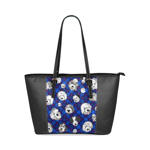 Blue plaid sheepies on black Leather Tote Bag/Small (Model 1640)