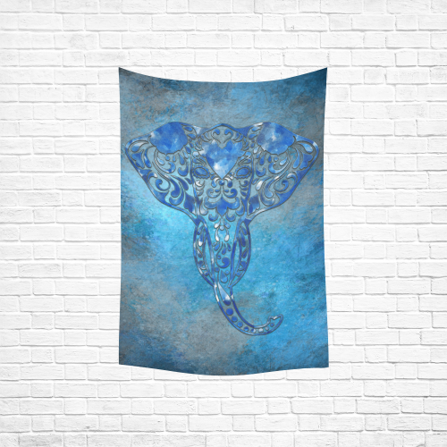 A blue watercolor elephant portrait in denim look Cotton Linen Wall Tapestry 40"x 60"