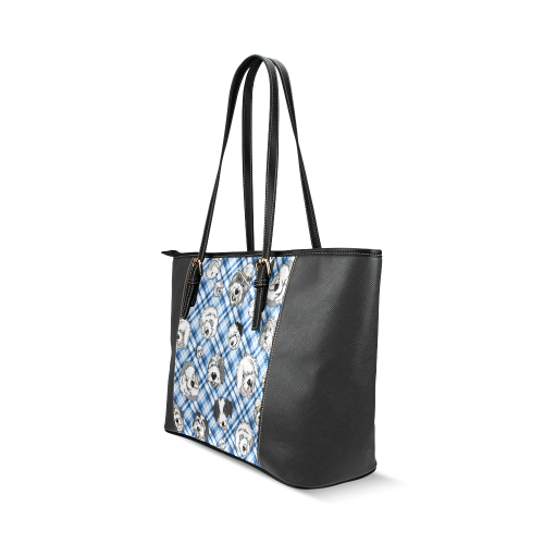 llight blue plaid sheepies on black Leather Tote Bag/Small (Model 1640)