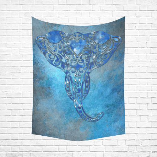 A blue watercolor elephant portrait in denim look Cotton Linen Wall Tapestry 60"x 80"