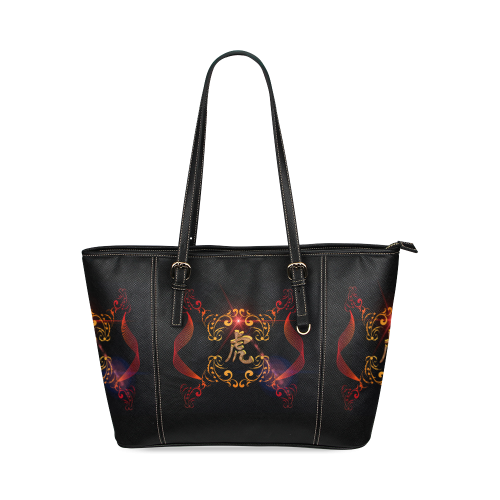 Hieroglyph, the tiger Leather Tote Bag/Large (Model 1640)