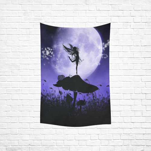 A beautiful fairy dancing on a mushroom silhouette Cotton Linen Wall Tapestry 40"x 60"