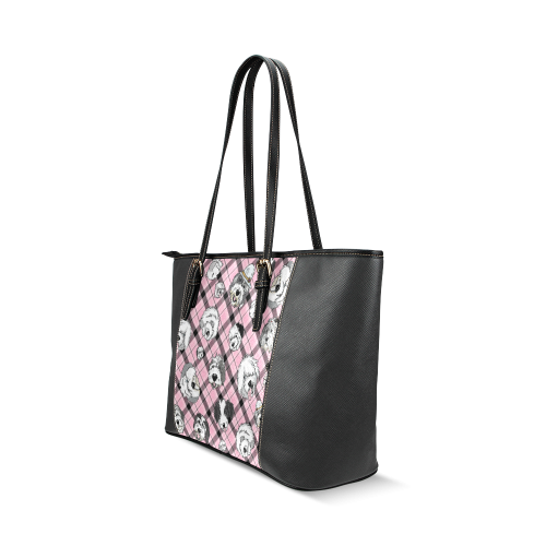 Oes Faces Pink Plaid on black Leather Tote Bag/Small (Model 1640)