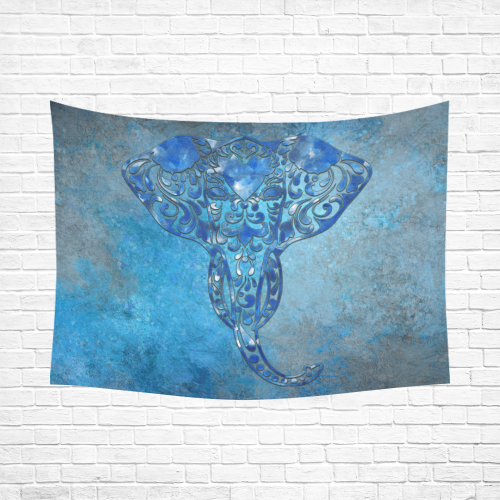 A blue watercolor elephant portrait in denim look Cotton Linen Wall Tapestry 80"x 60"