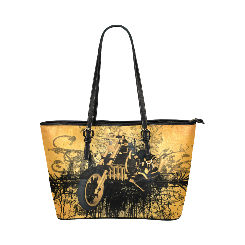 Steampunk, awesome motorcycle with floral elements Leather Tote Bag/Large (Model 1651)