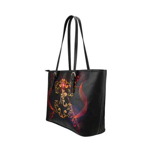 Hieroglyph, the tiger Leather Tote Bag/Small (Model 1651)