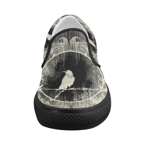 The crow with flowers, vintage design Women's Slip-on Canvas Shoes (Model 019)
