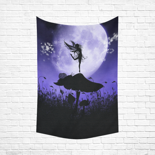 A beautiful fairy dancing on a mushroom silhouette Cotton Linen Wall Tapestry 60"x 90"